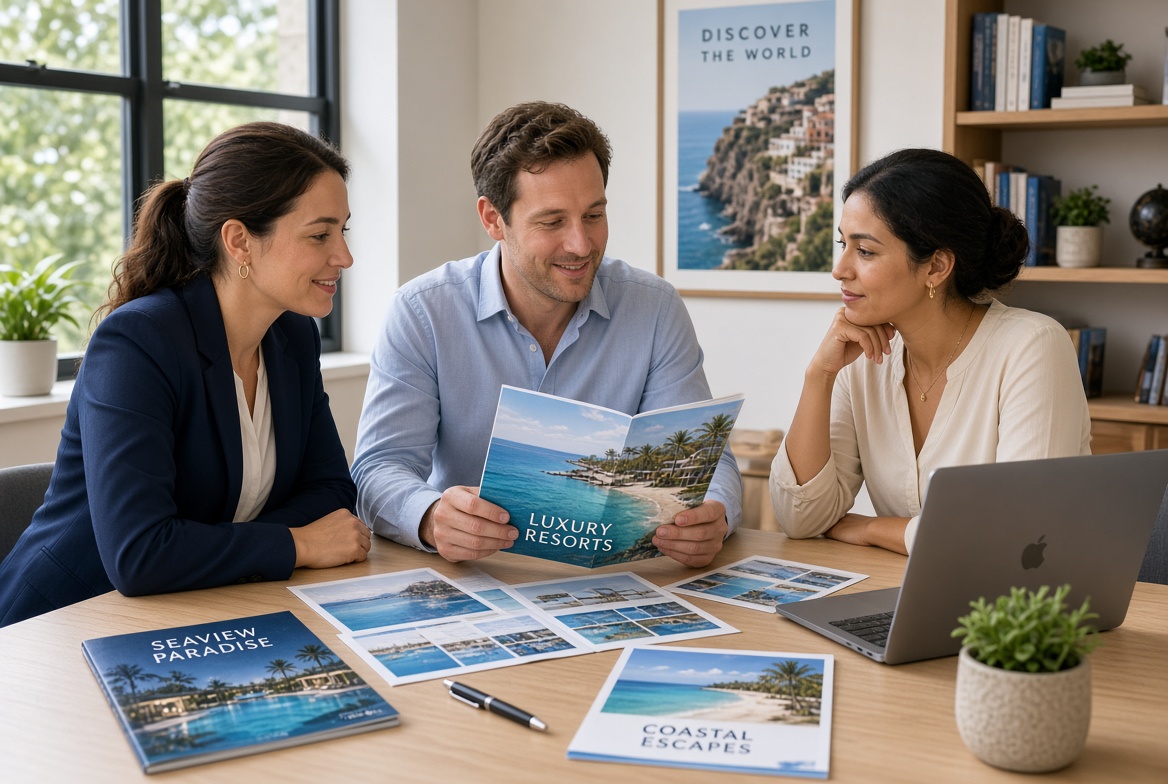 Small team meeting around a table covered with hotel brochures and a laptop
