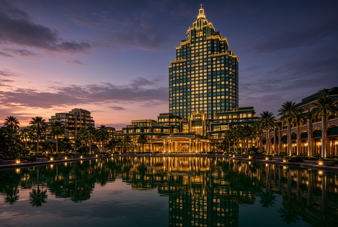 Casino resort tower lit up at dusk above a reflecting pool